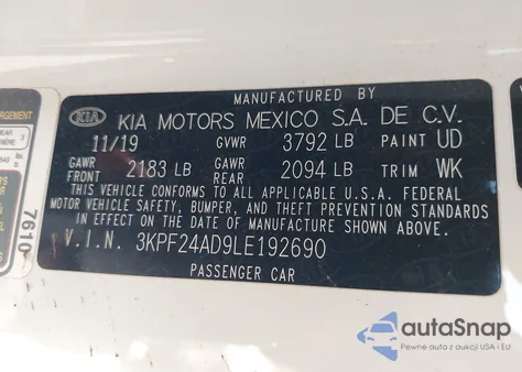 2020 Kia Forte Lxs из США, поврежденный, VIN 3KPF24AD9LE192690